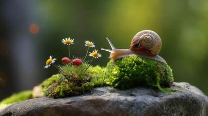 Snail on Mossy Rock Amongst Daisy Wildflowers