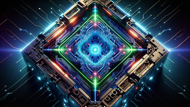 Futuristic Quantum Computer Core in Blue and Green