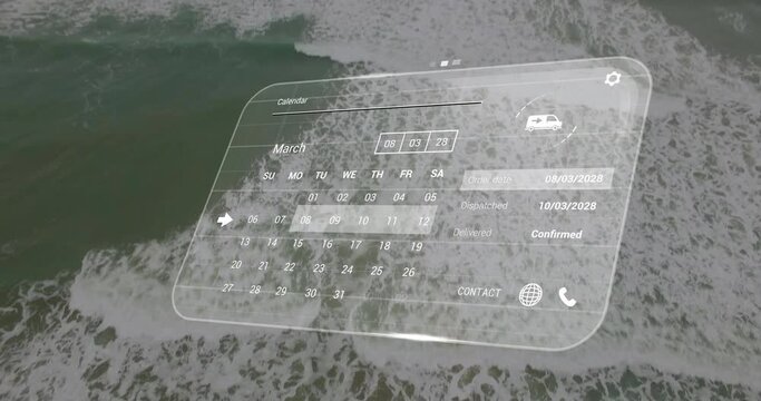 Animation of digital interface with calendar over seaside landscape