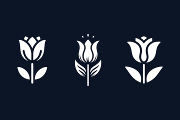 Tulip flower. Modern beautiful simple minimalist logo, icon. White on a black background. Vector illustration, set