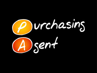 PA Purchasing Agent - consider price, quality, availability, reliability, and technical support when choosing suppliers and merchandise, acronym text concept background