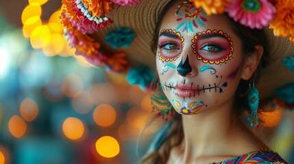 Celebrate DÃ­a de los Muertos with a Vibrant Flower-Crowned Woman Generative AI - obrazy, fototapety, plakaty