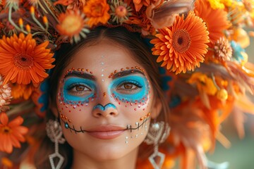 Halloween Makeup Inspiration A Beautiful Woman with a Flower Headpiece and Blue Eyeshadow Generative AI