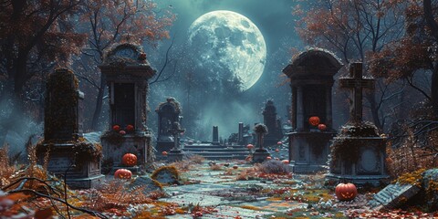 Ghostly Graveyard A Halloween Nighttime Scene Generative AI - obrazy, fototapety, plakaty