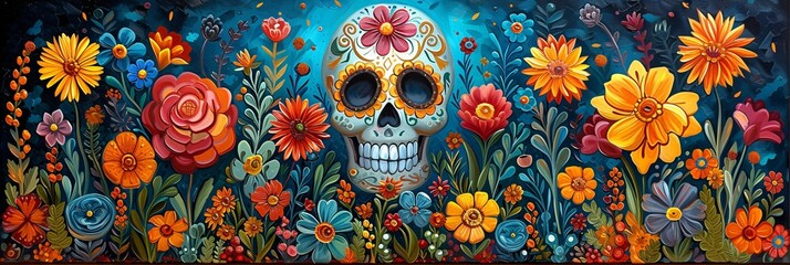 DÃ­a de los Muertos Skull Painting with Flower Decorations Generative AI