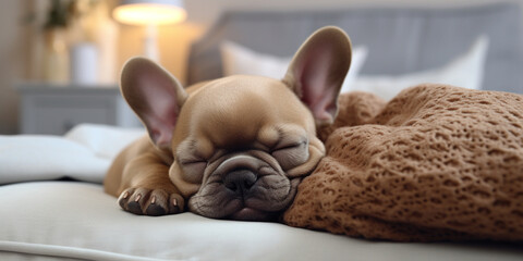 Portrait of a funny bulldog puppy sleeps sweetly