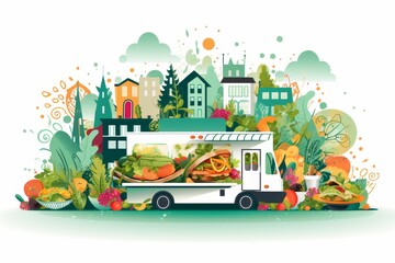 Naklejka premium Illustration of a food truck featuring eco-friendly and sustainable packaging solutions