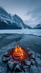 Mountain landscape in winter with fire burning on frozen lake ice at night.