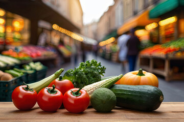 Fresh market product display. Wooden table with copy space, assorted fruits and vegetables. Healthy vegetarian options. Blurred street market background. - obrazy, fototapety, plakaty