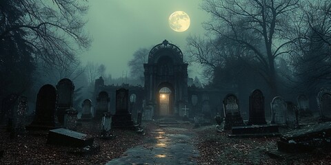 Ghostly Nighttime Stroll Through a Cemetery Generative AI - obrazy, fototapety, plakaty