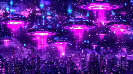 A digital illustration of a futuristic cityscape filled with sleek skyscrapers and flying vehicles, bathed in the glow of neon lights background