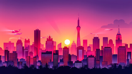 A digital illustration of a futuristic cityscape filled with sleek skyscrapers and flying vehicles, bathed in the glow of neon lights background