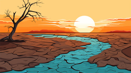 Abstract water scarcity with dry and cracked land  symbolizing the impact of water depletion on ecosystems. simple Vector art - obrazy, fototapety, plakaty
