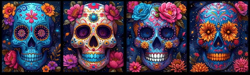 D&Atilde;&shy;a de los Muertos Skulls with Flower Decorations Generative AI