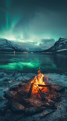 Fire burning on frozen lake in the mountains at night.