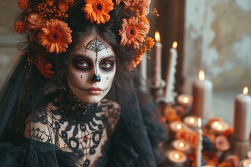 Fototapeta na wymiar Halloween Makeup Inspiration A Sugar Skull with Orange Flowers Generative AI