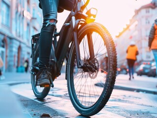 Eco-Friendly Transport: Cyclist riding an electric bike on a city street  - obrazy, fototapety, plakaty