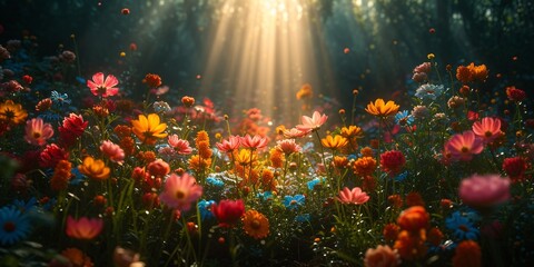 Fototapeta na wymiar Blooming Bliss A Sunlit Flower Field in May Generative AI