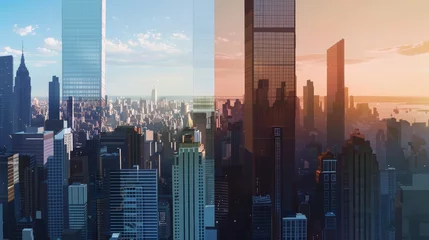 Deurstickers Verenigde Staten Moving Images: Animated cityscape showing the transition from day to night 