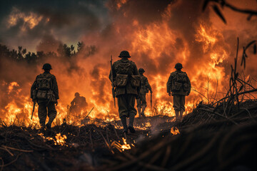 Soldier in the middle of a war in a burning city. army War Concept. Military silhouettes fighting scene on war fires background, World War Soldiers Silhouettes