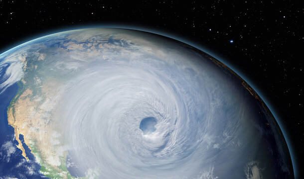 Giant hurricane seen from the space with milky way galaxy at sunset "Elements of this image furnished by NASA"