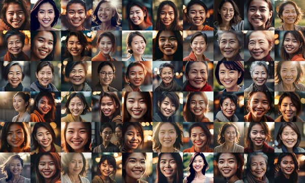collage of asian adult women smiling, collage of portrait, grid of 60 cheerful faces,  group photo