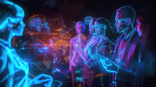 A group of holographic financial advisors offer virtual consultations for retirement planning and wealth management.