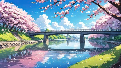 Bridge beside the river with cherry blossoms in full bloom. a landscape of tranquility. - obrazy, fototapety, plakaty