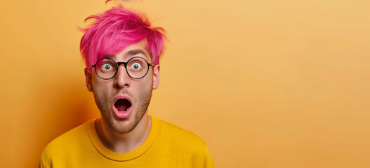 Shocked scared guy with pink hair looks with terror keeps. mouth widely opened. isolated on pink background. Human reactions. Photo portrait of amazed shocked student