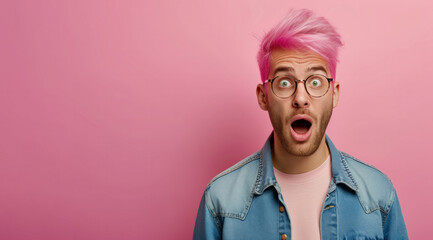 Shocked scared guy with pink hair looks with terror keeps. mouth widely opened. isolated on pink background. Human reactions. Photo portrait of amazed shocked student