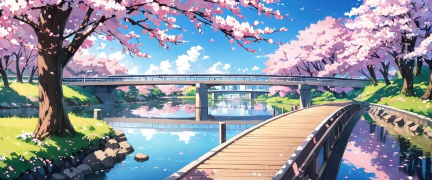 Bridge beside the river with cherry blossoms in full bloom. a landscape of tranquility.