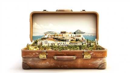 a vintage suitcase opened, and a touristic destination popping out of it 