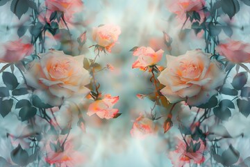 A backdrop of soft pink roses with multiple blooms on a blurred surface. Concept Soft Pink Rose Backdrop, Blurred Surface, Multiple Blooms