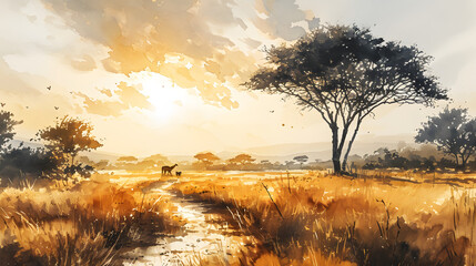 illustration with the drawing of a Savanna - obrazy, fototapety, plakaty