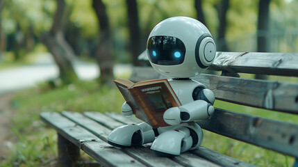Cute robot reading book outside, artificial intelligence concept 