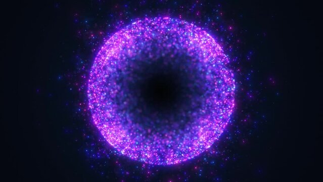 Abstract round sphere of shiny pink and blue particles of magical glow on a dark background, energy ball of bright dots, movement of a spherical ball. Seamless looping 4k video.