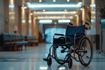 A wheelchair positioned in a hospital corridor, symbolizing mobility and care