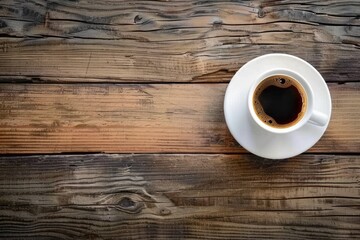 Steaming cup of coffee rich aroma emanating from white porcelain gracefully resting on rustic wooden table symbol of fresh start dark robust espresso contrasts with gentle brown hues of table