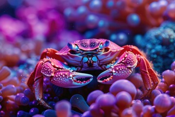 The vivid world of coral reefs, alive with colorful coral species and crabs, showcasing underwater beauty.