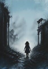 A little girl in a ruined, war-torn city. Social protest against the war - obrazy, fototapety, plakaty