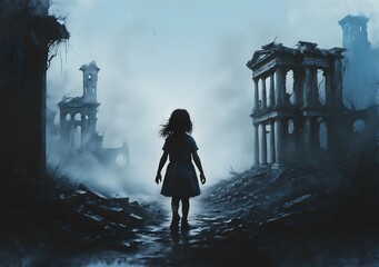 A little girl in a ruined, war-torn city. Social protest against the war - obrazy, fototapety, plakaty