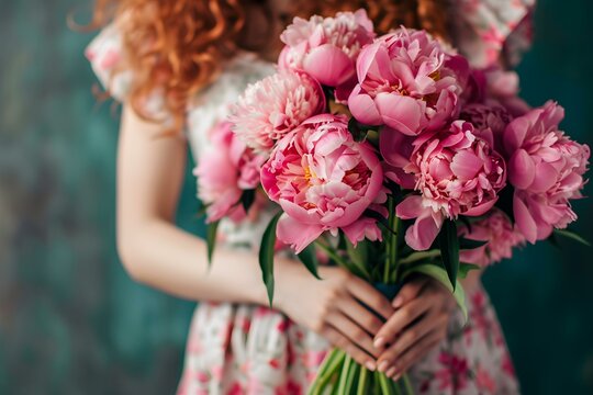Woman holding a vibrant bouquet of pink peonies to celebrate special occasions. Concept Bouquet of Pink Peonies, Special Occasions, Vibrant Flowers, Beautiful Celebrations, Floral Delight - Powered by Adobe