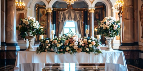 Fototapeta na wymiar Elegantly adorned bride and groom's table set for a magnificent wedding banquet. Concept Exquisite table decor, Opulent floral arrangements, Luxurious place settings, Lavish wedding banquet