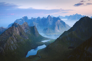 Lofoten islands mountains landscape in Norway aerial view sunset peaks and fjord scandinavian...