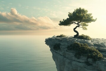 A solitary tree perched atop a rugged cliff, overlooking the vast expanse of sea and mountains.