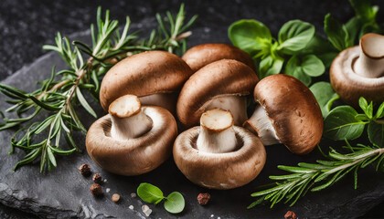Obraz na płótnie Canvas Button mushrooms and fresh herbs over black stone
