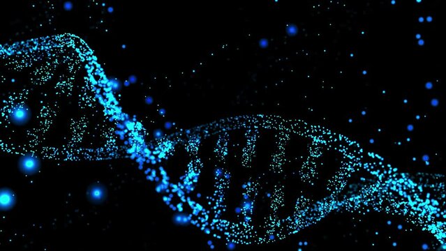 DNA double helix rotating. Abstract glittering DNA molecule from particles. Selective focal of dna. Can be used in Genom futuristic footage, Science or cosmetics industry background. 3D Render.