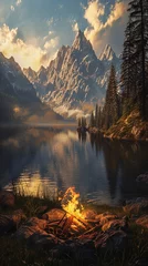Abwaschbare Fototapete Vertical landscape of fire burning in the mountains next to lake. © Barosanu