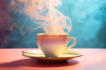 a cup of hot tea with smoke