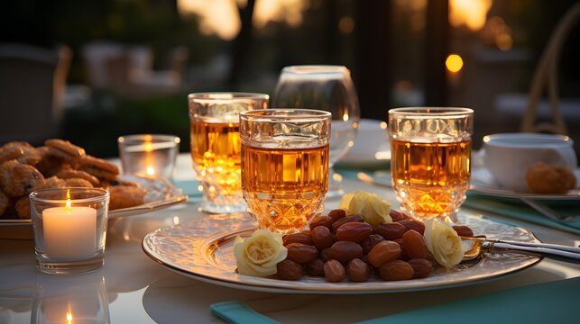 picture a sophisticated Ramadan Iftar table setting, captured in stunning  The table is adorned with elegant dinnerware, gold cutlery, and crystal glasses, set against a backdrop of pastel linens 